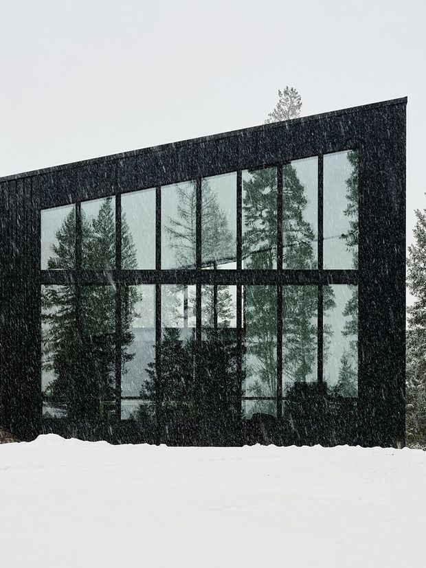 Exterior view of a stark, minimalist two-storey building in heavy snowfall. The dark monolithic facade is composed of large floor-to-ceiling glazed openings in a regular grid, reflecting surrounding evergreen trees. Snow covers the foreground and the roof appears flat or very gently sloped.