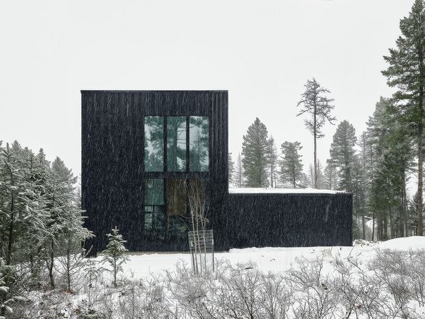 Exterior view of a stark, two-part modern house set in a snowy coniferous forest. The building has a tall dark rectilinear volume with large vertically oriented windows and a lower flat-roofed wing extending to the right. Snow covers the roof and surrounding landscape, with forest reflections visible in the glazing.