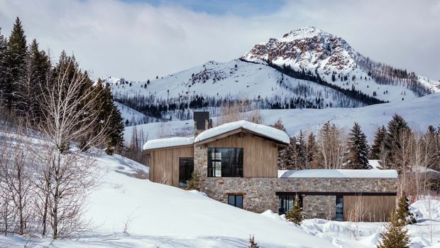 A contemporary mountain house partially embedded in a snowy sloping site, with timber-clad walls, stone masonry, broad glazed openings, and low curved snow-covered roof forms. Snowy coniferous woodland and a dramatic alpine mountain dominate the background.