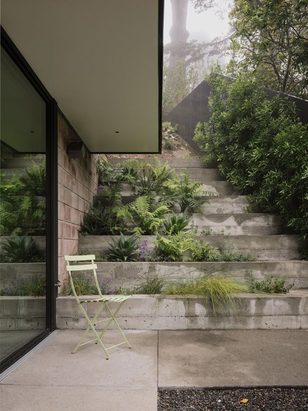 A quiet landscaped courtyard or terrace beside a modern home, viewed from under a deep roof overhang. Full-height dark-framed glazing reflects the lush planting, while stepped raw concrete retaining walls create planted terraces filled with ferns and other greenery. A pale green folding chair sits on the concrete paving, and a dark angular roof form is partially visible among the trees in the background. The composition has a restrained, nature-integrated contemporary character.