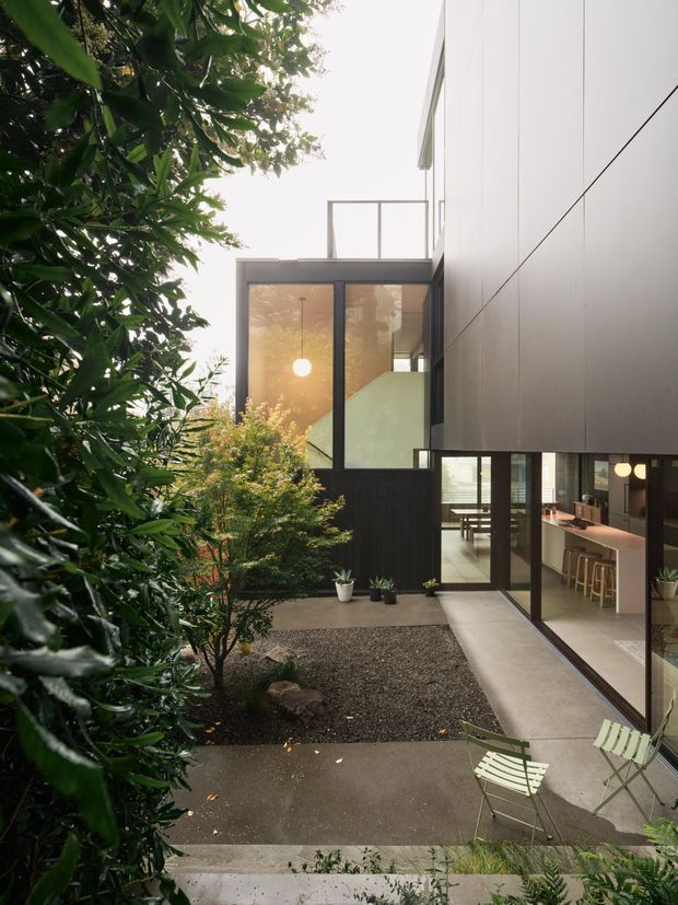 A contemporary multi-level home organized around a compact landscaped courtyard. The view shows a dark-framed glazed volume with a pendant light, a white and charcoal-clad upper facade, and an open-plan kitchen visible through floor-to-ceiling glazing. Concrete paving, gravel garden beds, mature greenery, and lightweight outdoor chairs create a calm indoor-outdoor connection.