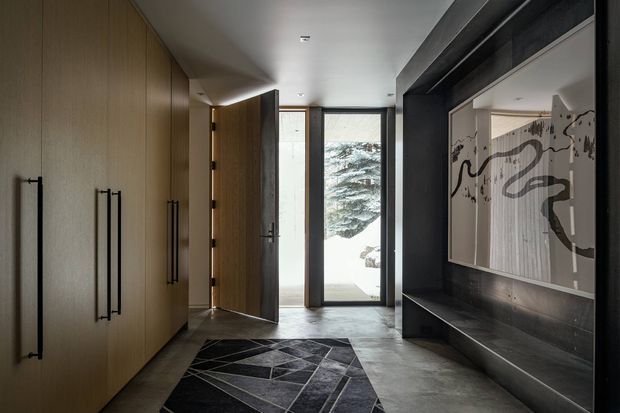 A refined contemporary entry hall viewed from inside, with full-height warm timber cabinetry and long black handles along the left wall, a dark stone or timber feature wall with integrated bench and large abstract artwork on the right, and a timber pivot door opening toward a glazed entrance. The floor combines large grey concrete-like tiles with a dark geometric area rug. Soft daylight enters through the full-height glazing, creating a calm, dramatic, high-contrast interior.
