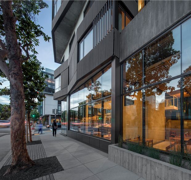 Street-level exterior view of a contemporary multi-storey commercial building with expansive floor-to-ceiling glazing, dark metal vertical fins, exposed concrete walls, and warm-lit interiors visible through the windows. The building fronts a landscaped urban sidewalk with mature street trees and raised concrete planters.