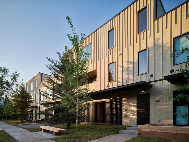 Exterior view of a contemporary multi-storey residential development with warm vertical timber cladding, narrow tall windows, recessed entrances, and projecting dark metal roof or canopy elements. The buildings line a landscaped pedestrian walkway with young trees, timber seating, and raised planter edges.