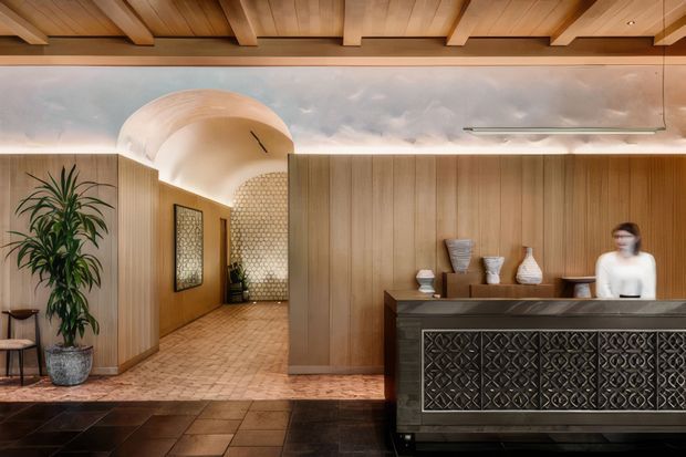 A warm, refined reception area with a dark decorative front desk, vertical timber wall panelling, exposed timber ceiling beams, and a tiled floor. A curved plaster archway leads to a corridor featuring a patterned screen, while a large indoor plant and ceramic display vessels add understated natural detail. The scene appears to be a boutique hospitality or commercial interior.