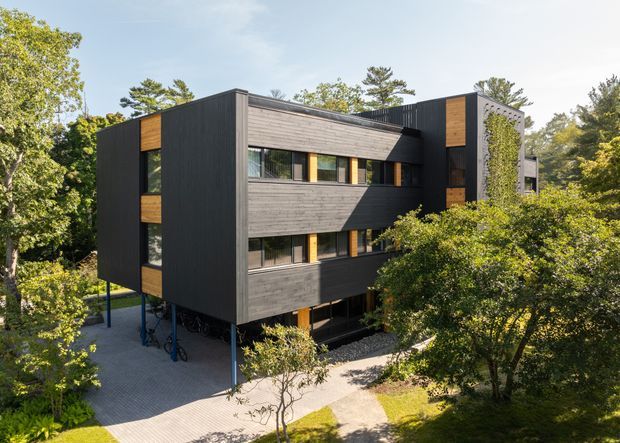 Exterior architectural photograph of a contemporary multi-storey building set among mature trees. The facade combines dark vertical cladding with horizontal grey timber-like panels, warm timber-coloured window surrounds, extensive rectangular glazing, and sections elevated on slender supports. Paved pedestrian paths and a landscaped site surround the building.