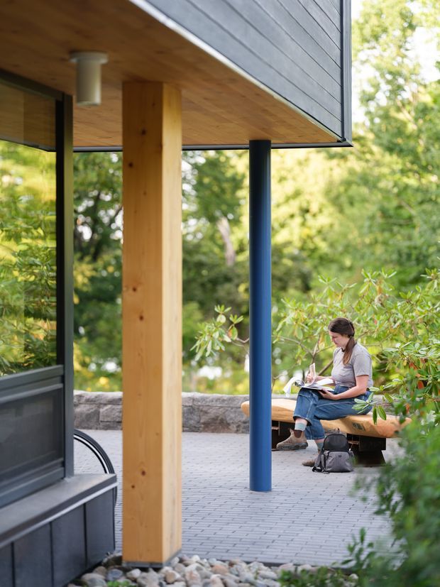 Exterior architectural detail of a contemporary pavilion or building edge, showing a deep timber-lined soffit, black horizontal cladding, expansive dark-framed glazing, and contrasting timber and blue-painted structural posts. The structure opens onto a paved outdoor space with a bench and surrounding leafy vegetation.