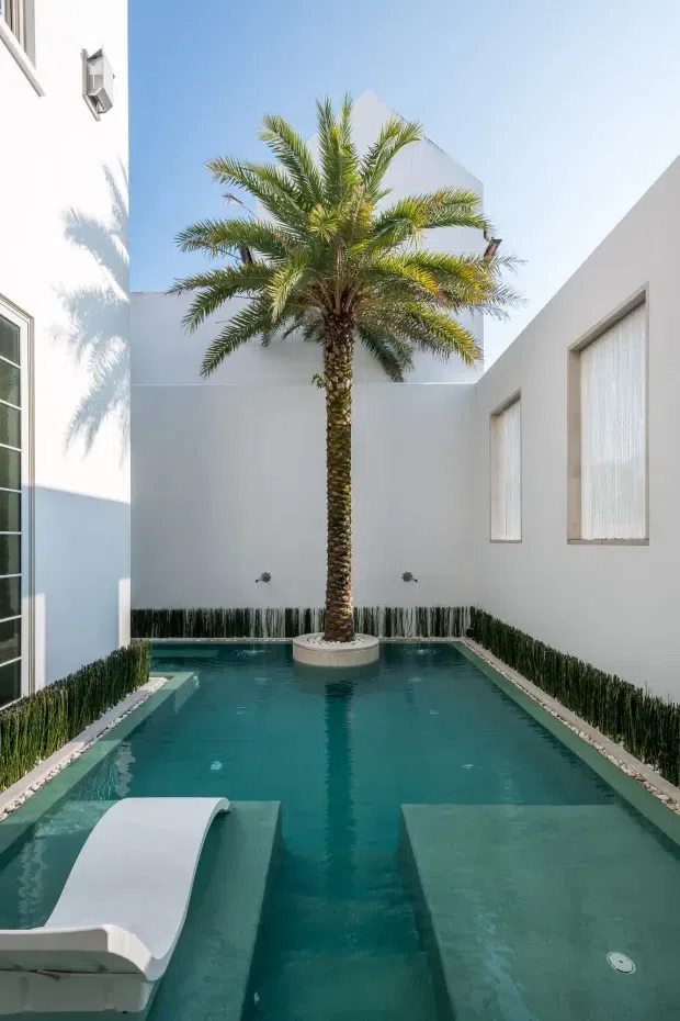 A bright, enclosed courtyard pool surrounded by smooth white rendered walls and tall narrow windows. A central palm tree rises from a circular planter within the pool, with shallow submerged lounging platforms, a curved white pool chair, turquoise water, and slender planted borders creating a minimalist resort-like setting.