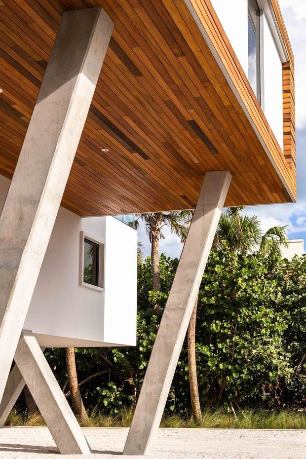 Low-angle exterior architectural photograph of a modern elevated building with a deep projecting canopy clad in warm timber soffit boards. Angled exposed concrete supports form a distinctive structural frame, with white rendered walls, slim dark window frames, tropical planting and pale paving visible around the structure.