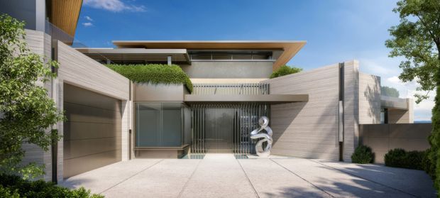 Contemporary multi-level residential facade viewed from the driveway, featuring pale textured masonry or stone cladding, broad glazed openings, a projecting flat roof canopy, vertical screening at the entry, integrated planting, and a sculptural artwork. The composition is clean-lined and refined, with a spacious paved forecourt and strong horizontal roof geometry.