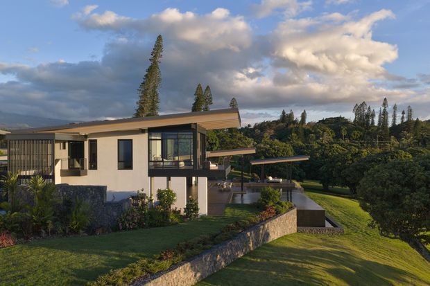 A contemporary single-storey residence set on a sloping, landscaped site. The home has a low-pitched projecting roof, pale rendered walls, dark-framed glazing, a covered outdoor terrace, stone retaining walls, and extensive views across a leafy suburban or rural landscape. Tall narrow trees and dramatic late-day clouds surround the property.