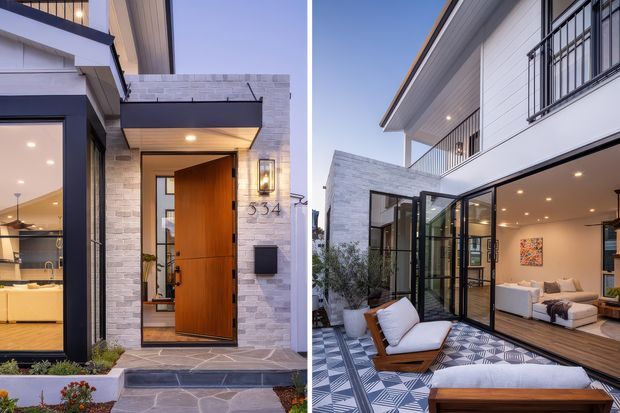 Composite exterior architectural photograph showing a contemporary multi-level residence. The left panel focuses on the entry facade with pale masonry cladding, a large timber pivot door, dark window frames, and stone paving. The right panel shows a covered courtyard or patio with patterned paving, timber-framed outdoor loungers, and extensive glazing opening into a bright living room. The house has clean horizontal lines, projecting eaves, balconies, and a mix of light masonry, white cladding, dark metal framing, and timber.