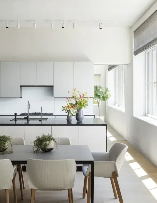 Bright, refined open-plan kitchen and dining area with white flat-panel cabinetry, a dark stone island benchtop, integrated cooktop, and a long dining table with upholstered timber dining chairs. Large windows with grey Roman blinds provide abundant natural light, while track lighting and indoor plants add understated detail.