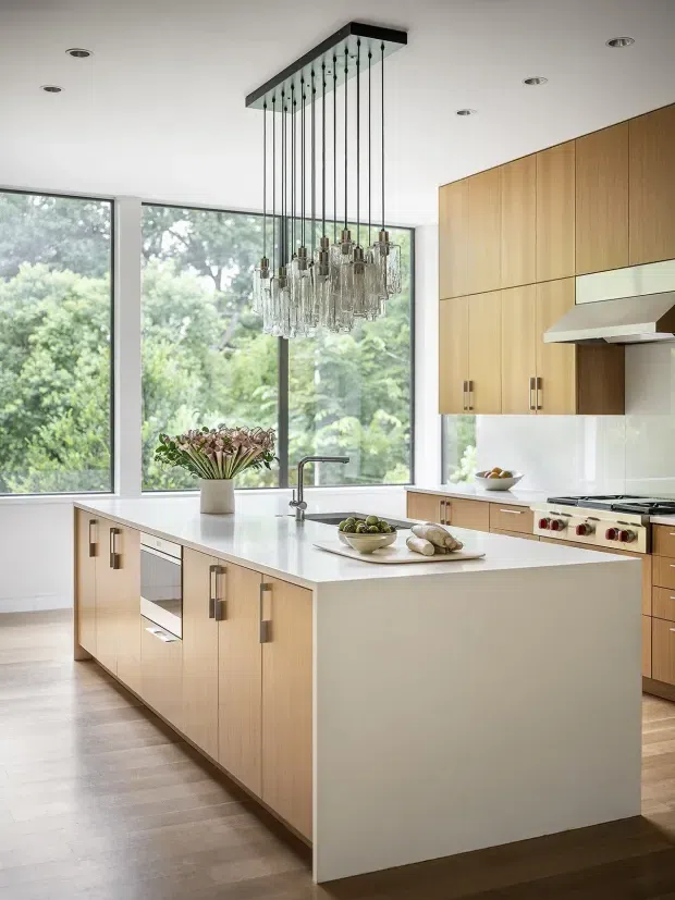 Bright contemporary kitchen with a large central island, pale timber cabinetry, white benchtops, integrated stainless-steel appliances, expansive corner windows overlooking greenery, and a sculptural multi-pendant glass chandelier.