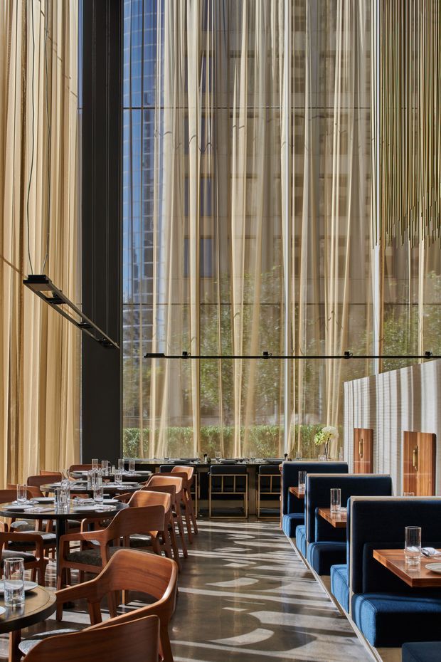 A sophisticated high-ceilinged dining interior with floor-to-ceiling sheer curtains and extensive glazing, flooding the room with filtered natural light. The space features rows of richly finished timber dining chairs and tables on one side, deep navy upholstered booth seating on the other, a dark central service counter, linear suspended lighting, and a polished reflective floor. The atmosphere is refined and upscale, with a strong vertical rhythm created by the curtains and window mullions.