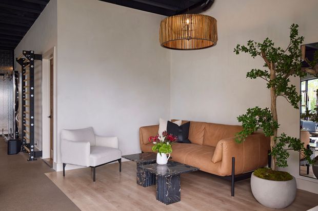 A warm, contemporary living room with a caramel leather sofa, white upholstered armchair, dark marble coffee table, large potted indoor tree, and a woven pendant light. The room features pale timber flooring, white walls, dark exposed ceiling elements, and views through glazing or an opening to adjacent spaces.