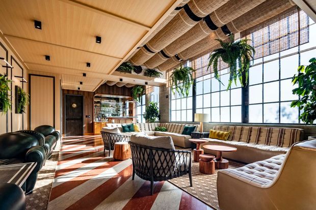 A spacious, warmly lit hospitality-style lounge with expansive industrial-framed windows, woven roller blinds, abundant hanging greenery, and extensive upholstered seating arranged around small timber coffee tables. The room features a richly patterned geometric floor, a slatted timber ceiling, dark timber wall panelling, and a bar or drinks area at the rear. The overall aesthetic blends contemporary, biophilic, and mid-century-inspired elements.