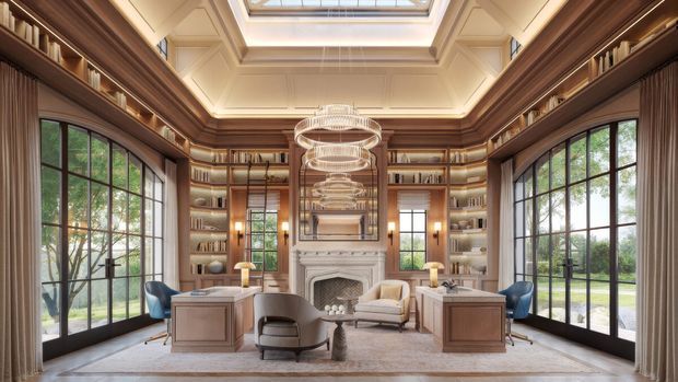 A refined, symmetrical home library and study with floor-to-ceiling dark timber bookshelves, built-in desks, arched steel-framed glazed doors, a classical fireplace, upholstered lounge chairs, and a layered sculptural chandelier. A large roof skylight and expansive garden-facing glazing bring natural light into the warm, formal room.