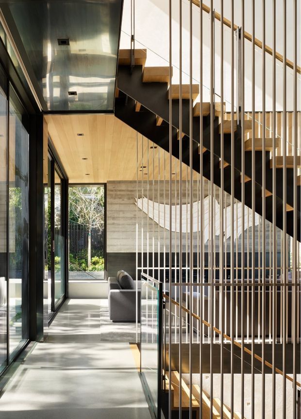 A bright, multi-level contemporary interior focused on an open stairway. Timber stair treads and ceiling panels contrast with dark steel stair stringers, slim vertical metal balusters, extensive glazing, and a polished concrete wall. A corridor and partial living area are visible beyond the stairs, with strong natural light and garden views.