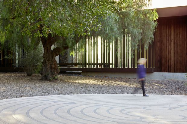 Exterior architectural photograph of a low, modern building set behind a mature tree and gravel forecourt. The facade combines deep brown vertical timber cladding with a screened wall of narrow vertical slats, creating strong filtered light and shadow. A pale paved surface with sweeping curved line patterns occupies the foreground, and a blurred walking figure provides scale.