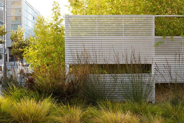 Exterior view of a contemporary multi-level building screened by dense landscaped planting. The facade features horizontal silver-grey slatted screening, a projecting upper volume, and dark recessed glazing or openings. Ornamental grasses and shrubs dominate the foreground, with a taller glazed urban building visible in the background.