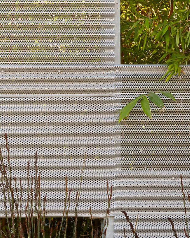 Close-up exterior view of overlapping perforated metal screens or cladding, creating a dense dotted pattern across a stepped facade. Green bamboo-like planting is visible behind and through the screens, with tall grasses at the base. The image focuses on the textured facade treatment and its relationship to vegetation.