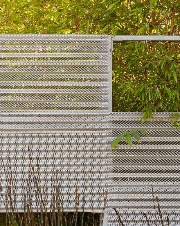 Close-up exterior view of a perforated metal screen or fence with a repeating circular pattern, set against dense green bamboo-like planting. The screen has stepped horizontal sections and a galvanized silver-grey appearance, creating a textured contemporary facade or boundary element.