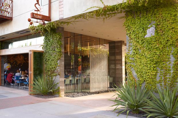 Street-level view of a contemporary hotel entrance with a broad concrete canopy, extensive green wall and climbing vine planting, floor-to-ceiling glazing, dark stone-clad columns, and a sculptural water feature with a pebble bed. A small outdoor café seating area is visible to the left, with drought-tolerant architectural planting in the foreground.