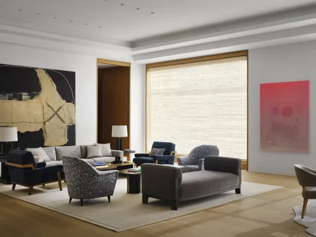Sophisticated living room with a refined seating arrangement, including a sofa, armchairs, and upholstered lounge chairs around low coffee tables. The room features warm timber flooring, a large textured roller blind with timber-toned framing, white layered ceiling detailing, contemporary abstract artwork, and a neutral grey, cream, and charcoal palette.