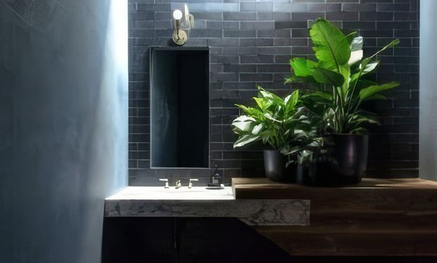 A moody, contemporary bathroom vanity with a dark rectangular tiled feature wall, black wall-mounted mirror, and a pale stone vanity benchtop. Dark timber cabinetry and a timber shelf support several large green indoor plants, while a small wall light adds a warm accent.
