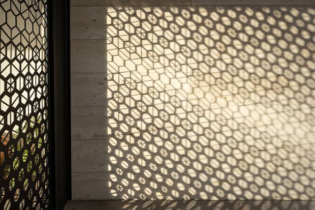 Close-up architectural detail showing a perforated geometric metal screen or grille at the left edge, casting a dense repeating hexagonal and angular shadow pattern across a pale textured concrete or plaster wall. Strong sunlight creates a high-contrast, graphic composition; greenery is faintly visible behind the screen.