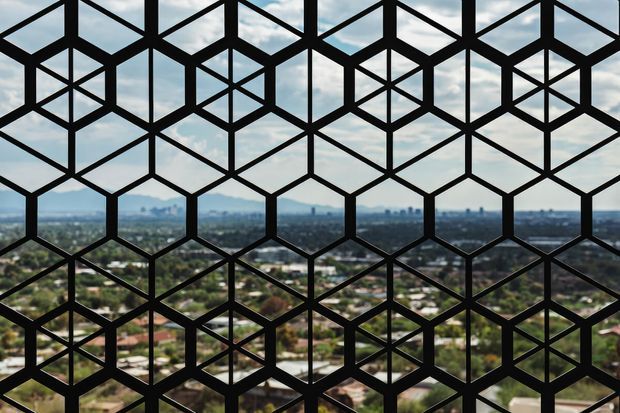 A close-up view through a bold black geometric metal screen or window grille composed of repeating hexagonal and diamond forms. The patterned facade dominates the image, with a softly blurred suburban or urban landscape and skyline visible beyond.