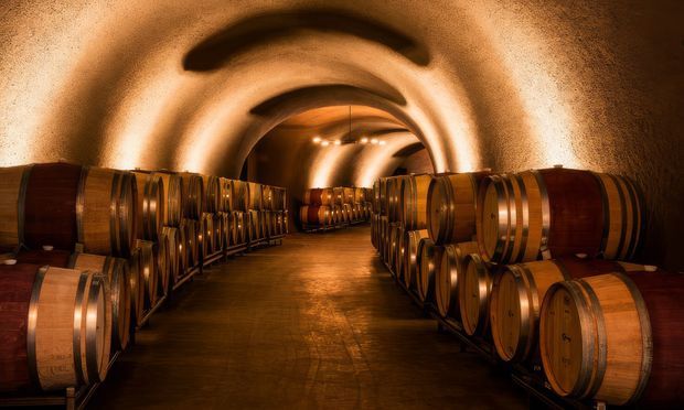 A dimly lit barrel-aging cellar with rows of wooden wine barrels lining both sides of a long vaulted tunnel. Warm amber lighting highlights the curved textured ceiling, timber barrels, and dark polished floor, creating a dramatic, atmospheric setting.