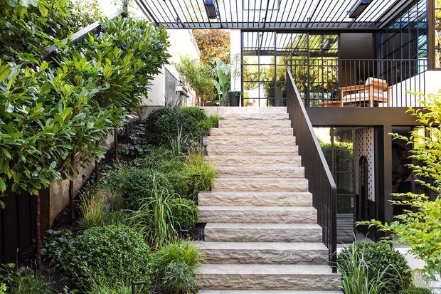A landscaped exterior staircase leads up through dense planting to a contemporary multi-level residence. Broad light stone steps are bordered by dark metal handrails and surrounded by layered greenery. The house features large glazed openings, dark metal framing, and a lightweight slatted pergola or roof structure, with an outdoor seating area visible behind the glazing.