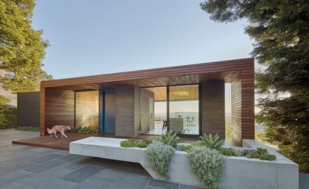 A low-slung contemporary pavilion-style house viewed from the exterior, set among mature trees. The building features a flat roof with deep timber soffit, warm horizontal timber cladding, dark-framed full-height glazing, concrete walls and planters, and a broad paved terrace. A bright interior with dining furniture is visible through the glazing, while layered planting softens the concrete frontage.