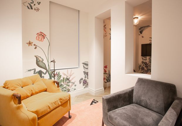 A warm, compact living room with a bright mustard-yellow sofa and a large charcoal-grey upholstered armchair. The room features pale walls, a soft peach-pink rug, a roller blind, decorative botanical wall murals, recessed openings leading toward an adjacent area, and a ceiling light visible in the rear space. The overall interior is colourful, cozy, and eclectic with a vintage-inspired feel.