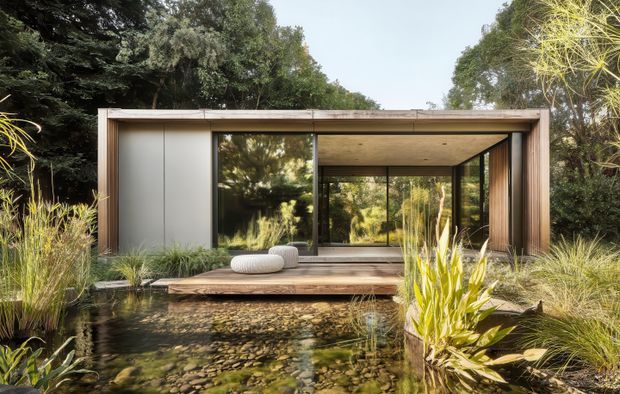 A compact modern pavilion set within a lush landscaped garden, viewed across a shallow reflective pond. The rectangular structure has a flat roof, extensive floor-to-ceiling glazing, warm timber framing and soffits, and smooth pale wall panels. A timber deck projects toward the water with a low upholstered outdoor seat, while ornamental grasses, trees and planted water margins surround the building.