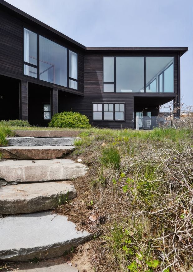 Exterior view of a contemporary two-storey home on a sloping site, approached by broad irregular stone steps. The dark horizontal timber-clad facade has projecting and recessed volumes, extensive black-framed glazing, and low-slung flat roof planes. Native-style grasses and scrub planting occupy the foreground.