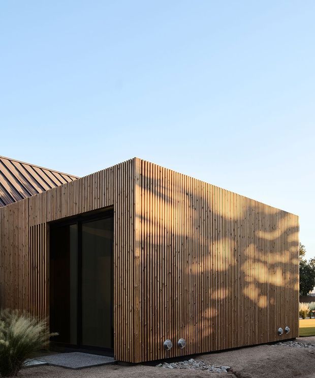 Exterior view of a compact contemporary building with a strongly articulated timber-clad facade. Vertical narrow timber battens wrap the box-like form, with a dark recessed glazed entry and a standing-seam metal roof visible behind. Warm low-angle sunlight creates organic tree-shadow patterns across the facade, with sparse landscaped planting and gravel around the structure.