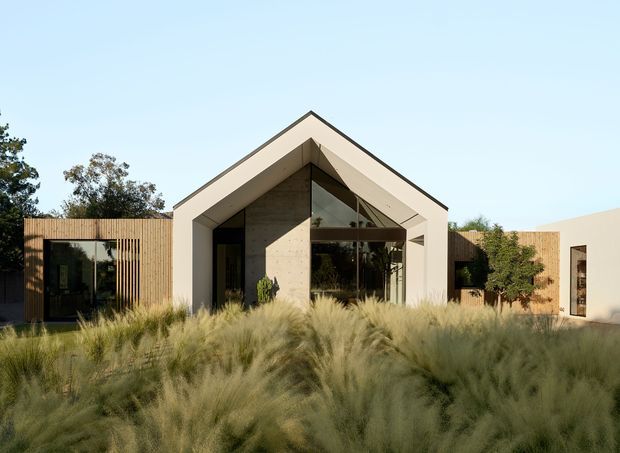 Contemporary single-storey residence with a prominent steep gabled volume, deep recessed entry, and large triangular glazing. The facade combines pale rendered or concrete-like surfaces with warm timber slatted cladding and extensive glazing, set within a landscaped garden of ornamental grasses and shrubs.