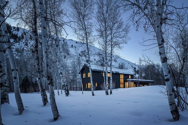 A dark modern two-storey cabin-style house set within a snowy birch forest, with warm light glowing through large windows and a mountain slope visible behind it. The building has a simple pitched roof, dark exterior cladding, and a low connecting wing.