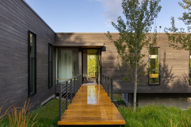 Exterior view of a contemporary single-storey building with dark horizontal timber cladding on the left wing and warm timber cladding on the main volume. A glossy timber entrance deck and ramp with black metal railings leads to full-height glazed doors, with narrow vertical windows and landscaped grasses and trees around the structure.