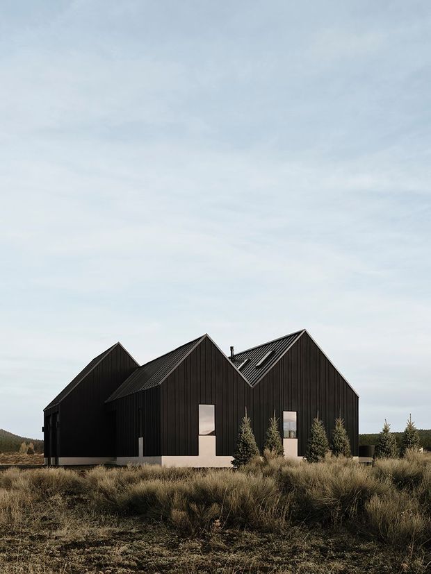 Exterior view of a contemporary multi-volume house composed of several steep gabled forms. The building has dark vertical cladding, simple rectangular openings, and a restrained palette set within a dry, natural landscape under an overcast sky.