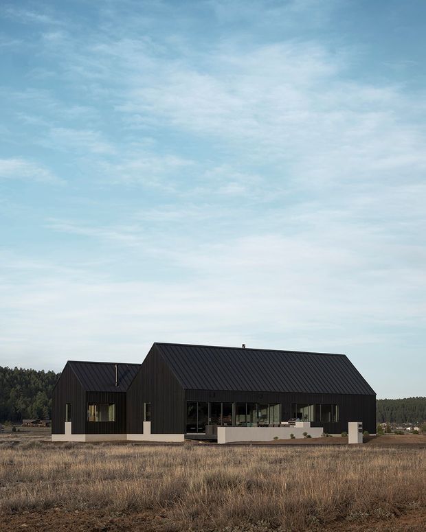 A contemporary single-storey rural house photographed from the front across a dry open field. The building has a dark standing-seam pitched roof, dark vertical cladding, strong gabled forms, large glazed openings, and a pale concrete or rendered entry and terrace element. Forested land forms the background beneath a broad blue sky.
