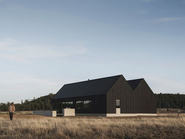 A contemporary dark-clad rural building set in an open grassy field, with a long low form and multiple steep pitched gabled roofs. Vertical dark timber or metal cladding, large ground-level glazed openings, and pale concrete base walls create a restrained modern barn-like appearance. A forested tree line and expansive sky form the background, with a person providing scale.