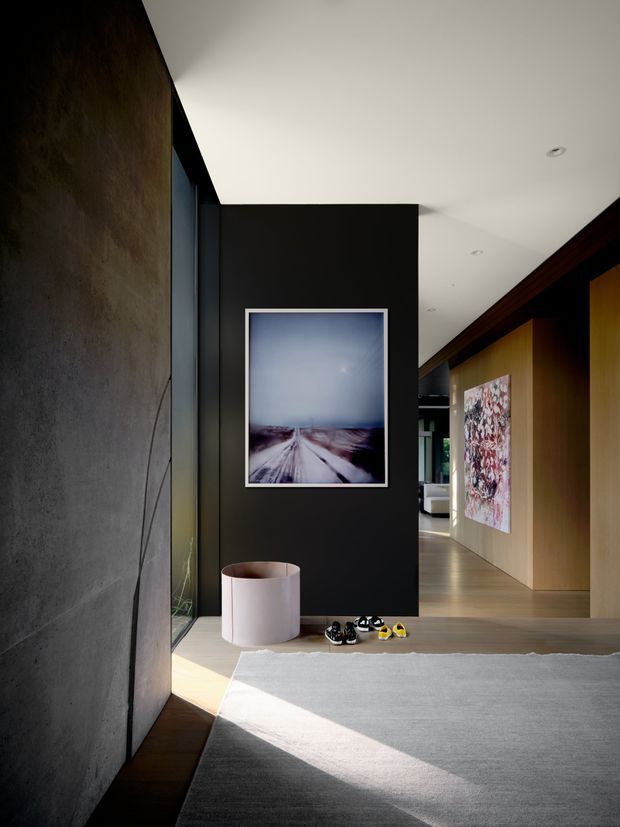 Contemporary residential hallway or entry area with a dramatic dark feature wall, large abstract artwork, exposed concrete wall, full-height glazing, warm timber wall panelling and flooring, and a broad pale rug. Sunlight creates a strong diagonal beam across the floor, while recessed ceiling lights and a minimalist cylindrical planter reinforce the refined modern design.