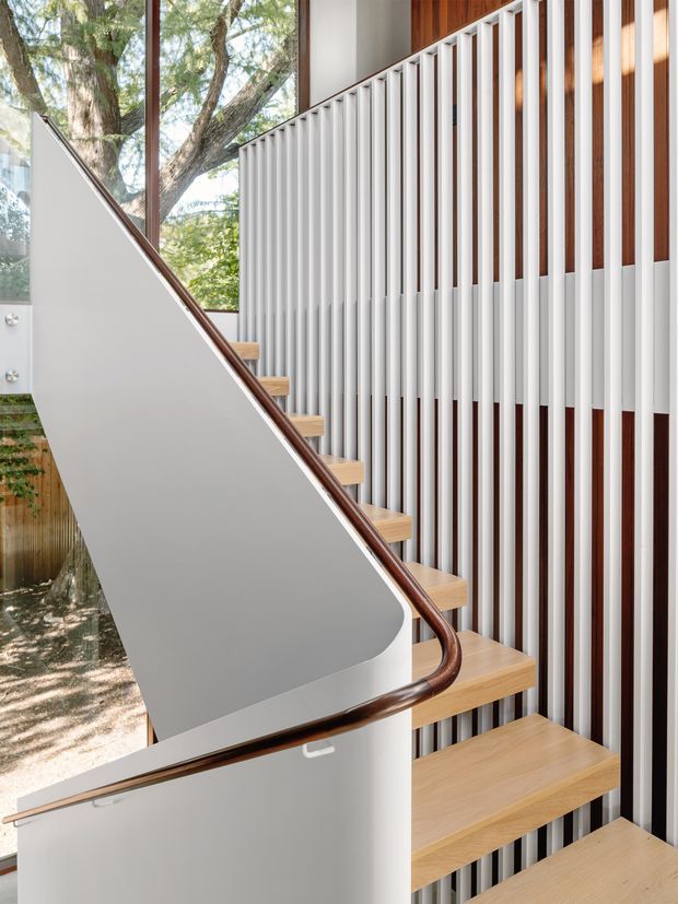 A bright, modern stairway with open light-wood treads, a smooth white sculptural stair stringer and balustrade, and a dark timber handrail. Vertical white metal or timber slats line the stair wall against warm timber wall panelling. Large glazing brings in views of mature trees and abundant natural light.