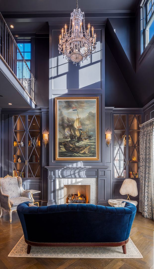 A dramatic, double-height living room centered on an ornate crystal chandelier and a traditional fireplace with a maritime painting above it. The room features dark blue-grey paneled walls, built-in glass-front bookcases with crisscross mullions, a blue velvet sofa, upholstered armchairs, herringbone timber flooring, patterned curtains, and strong daylight through tall windows. The overall atmosphere is richly detailed, formal, and luxurious.