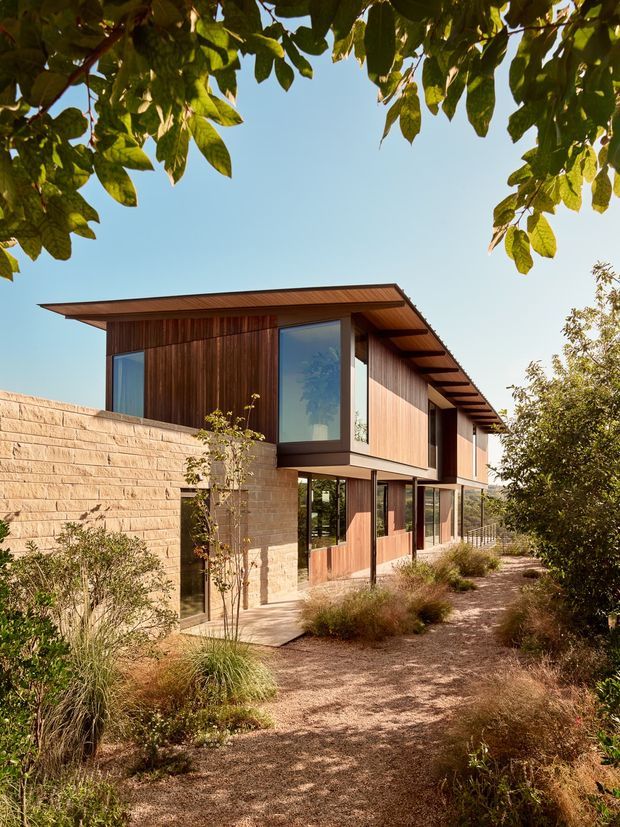 A contemporary two-storey timber-clad building set within a landscaped garden. The structure features broad low-pitched roof planes with exposed projecting eaves, large glazed openings, warm vertical timber cladding, and a pale textured masonry wall. A gravel garden path and drought-tolerant planting lead alongside the building, framed by leafy trees.