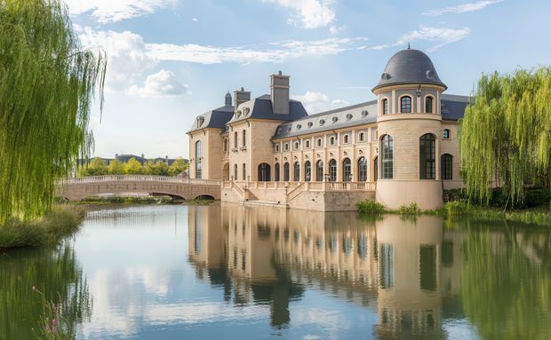 A grand historic-looking château-style building beside a calm lake, with ornate arched windows, pale masonry walls, steep dark roof sections, chimneys, and a prominent domed corner tower. A stone bridge connects across the water, while willow trees frame the scene and the building is reflected in the lake. The image has a picturesque, formal European estate character in bright daylight.